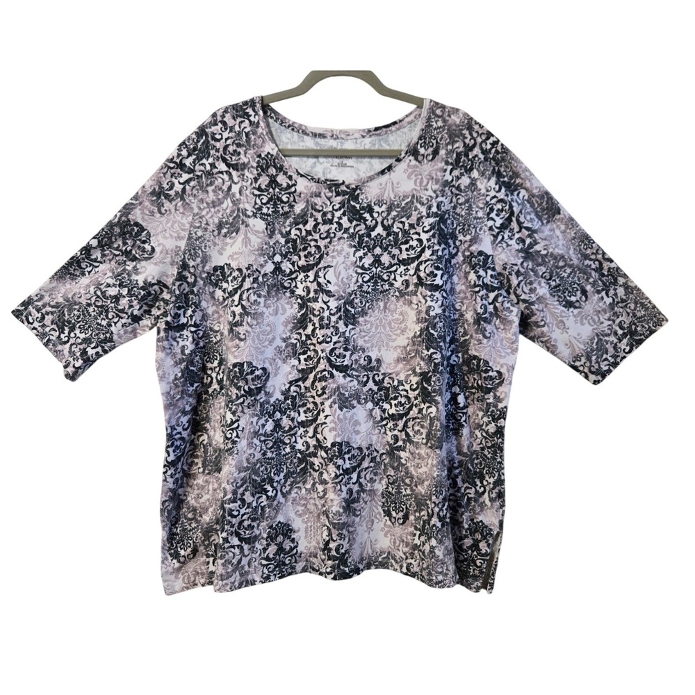 Catherines Easy Fit Tees Black White Damask Print Cotton Top‎ 3X